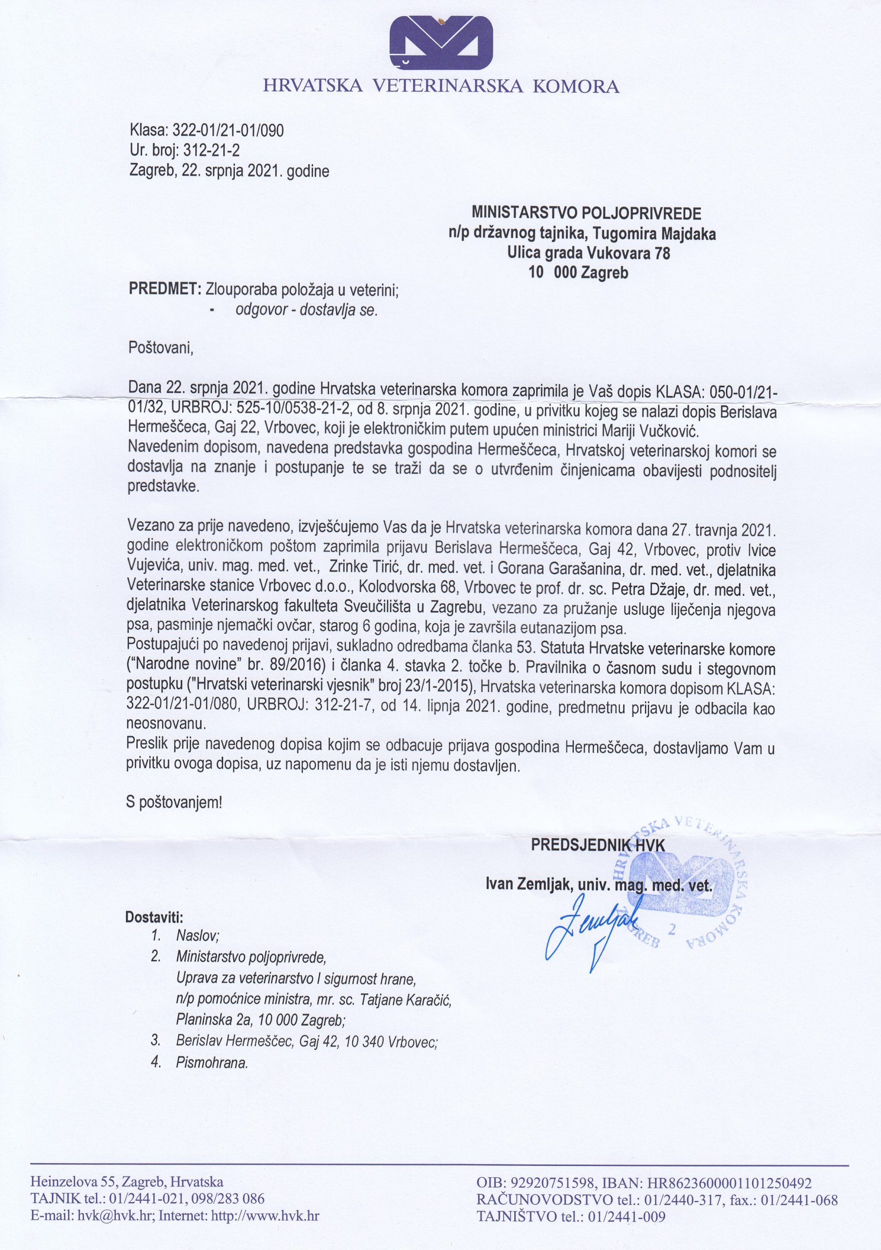 HVK ministarstvu poljoprivrede