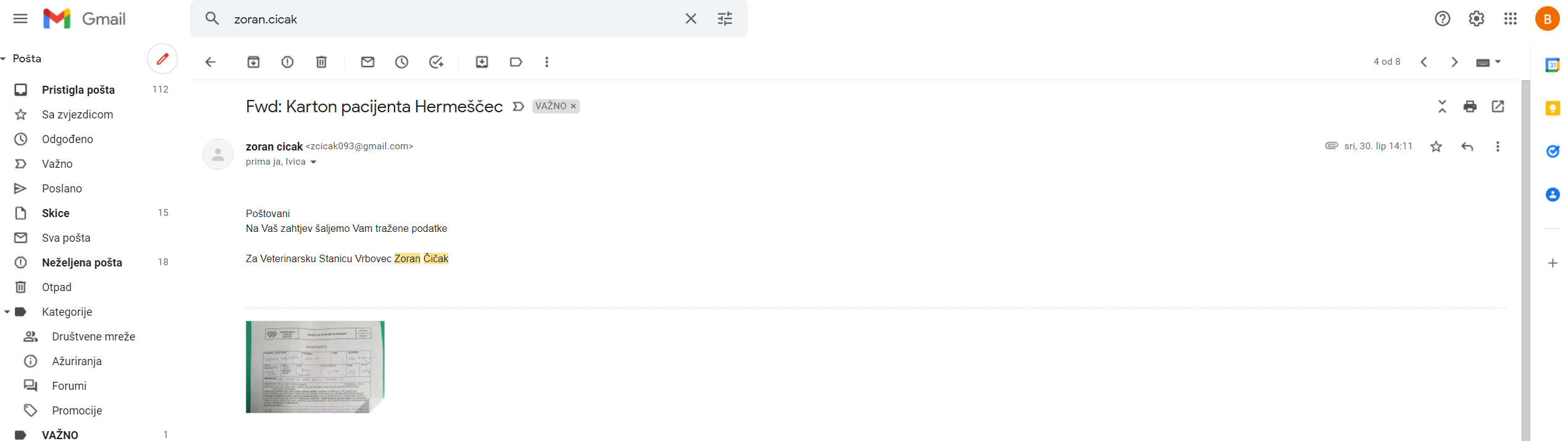 Lažni karton pacijenta Zorana Čička